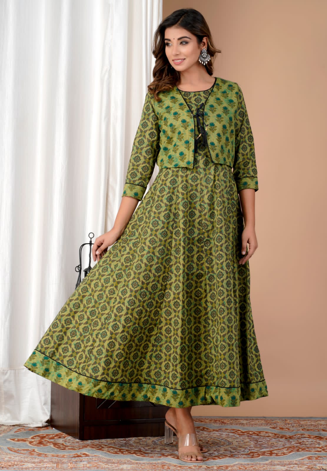 Yaanvi Women's Double Layered with Short Jacket Rayon & Cotton Designer  Long Kurti/Dress