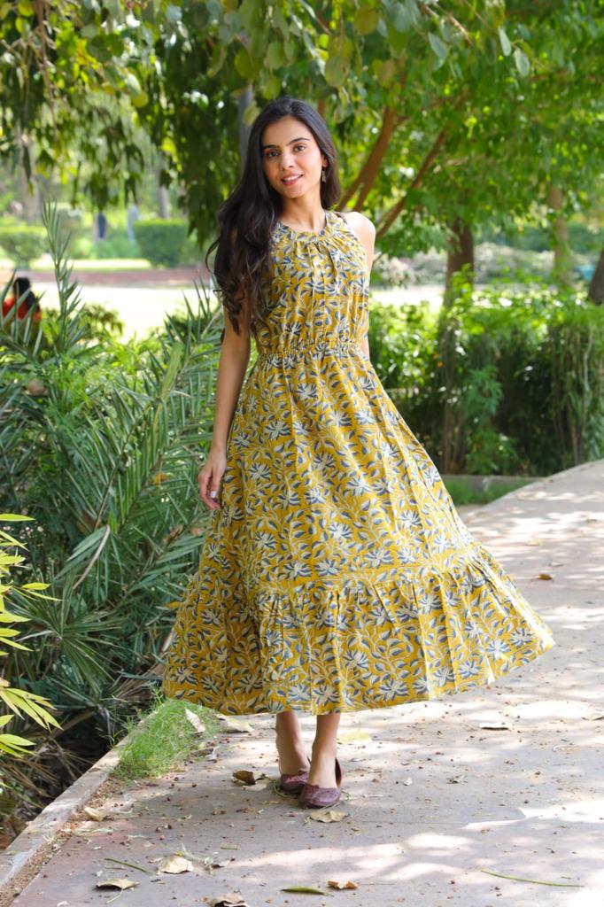Buy Ajrakh Hand Block Printed Long Wrap Dress - Ornate Flora Online