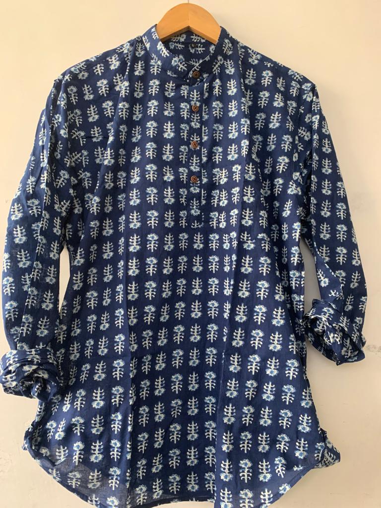 Blue Block Printed Cambric Short Kurta