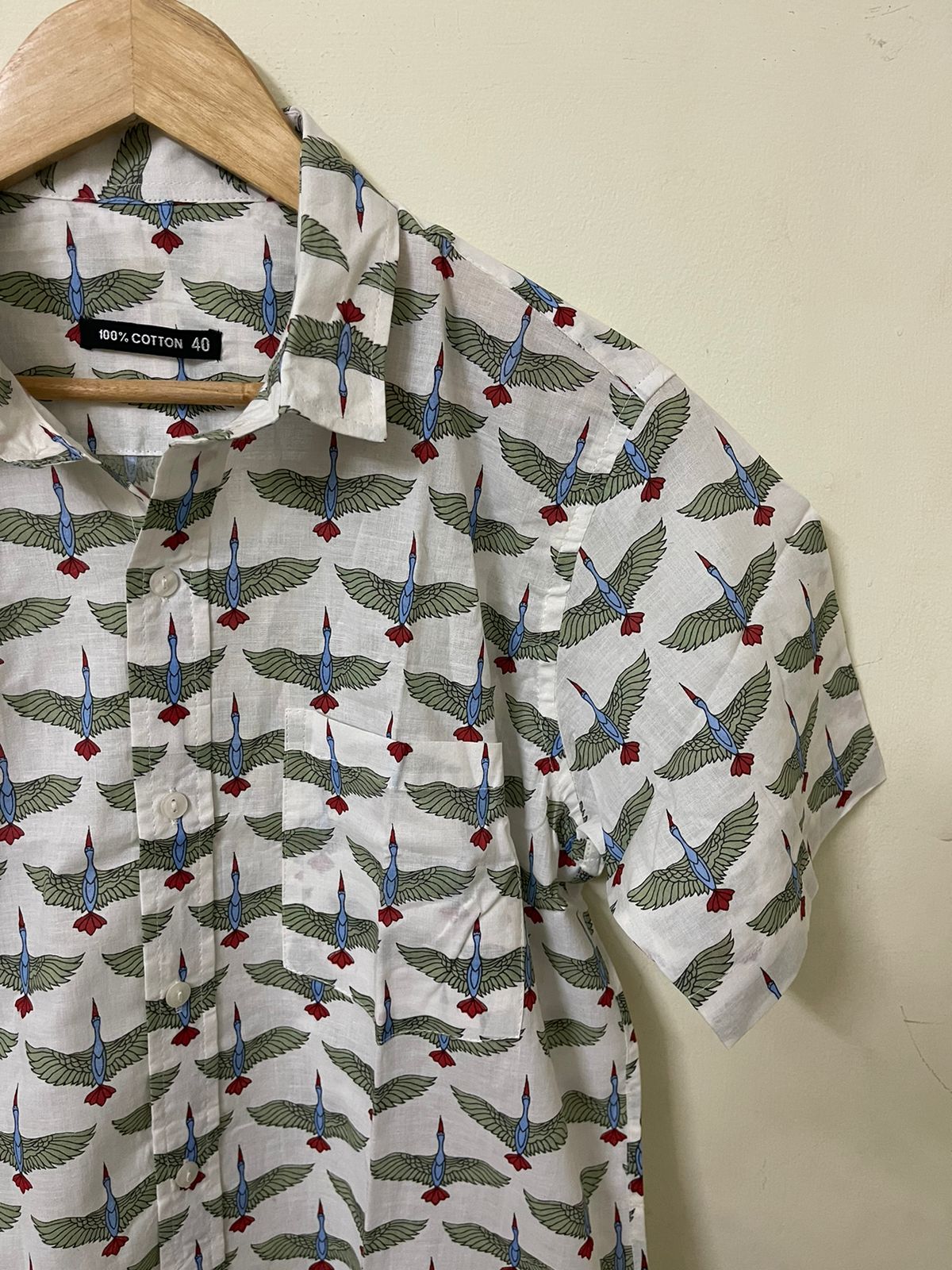 Bird Print Half Sleeve Cotton Men's Shirt