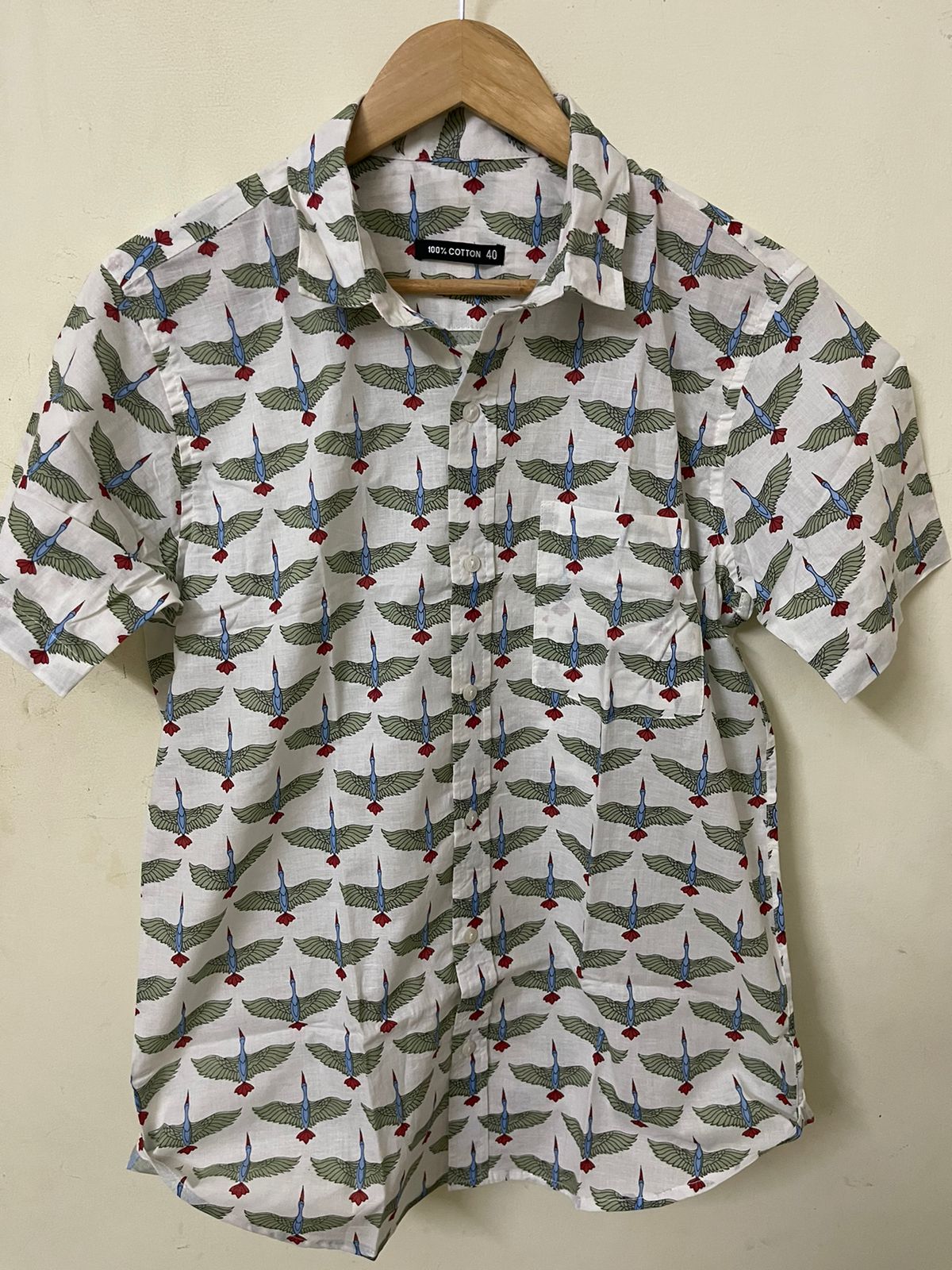 Bird Print Half Sleeve Cotton Men's Shirt